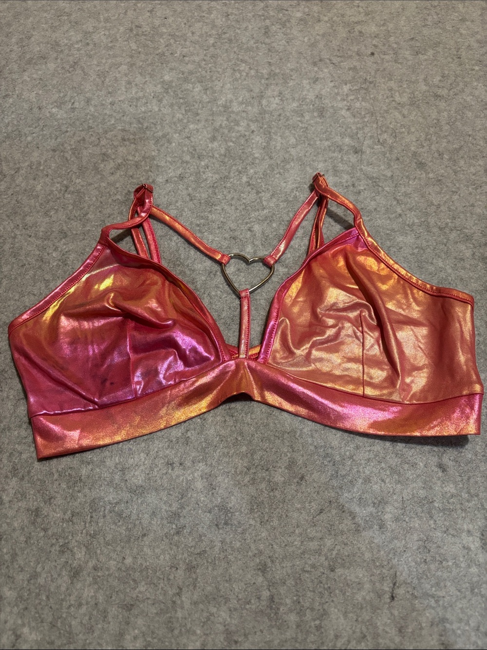 Romwe Front Heart Strappy Chest Metallic Pink Orange Bralette Top